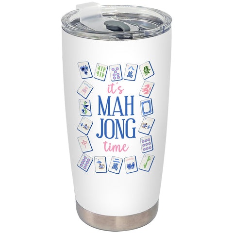 BEHIFL pink and blue chinoiserie Mahjong tumbler for on-the-go sipping.