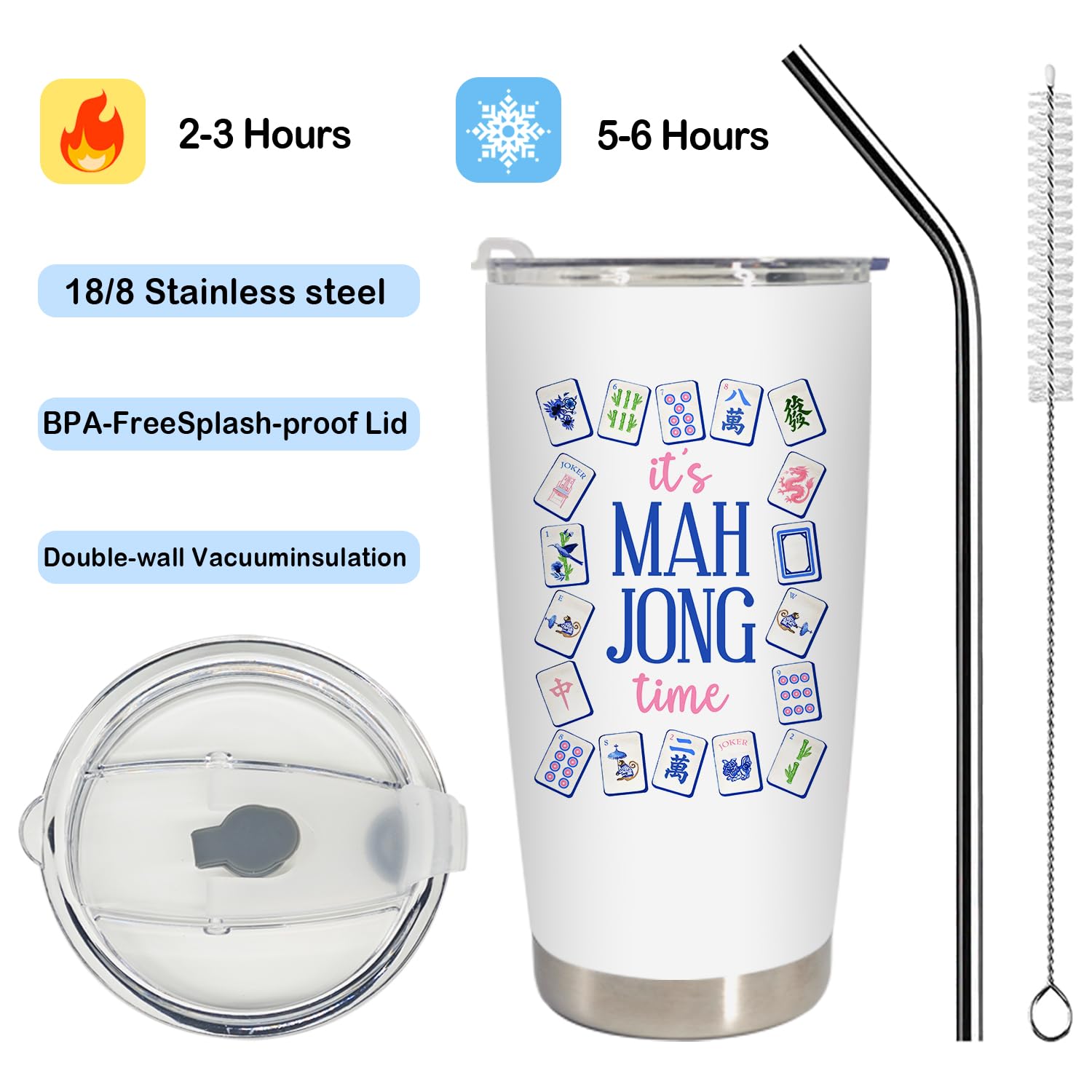 BEHIFL Mahjong tumbler with lid and straw for leak-proof use.