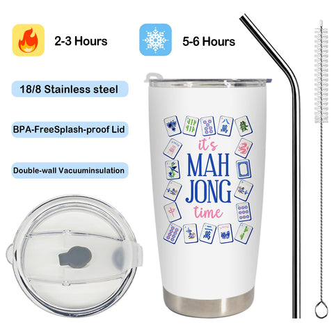 BEHIFL Mahjong tumbler with lid and straw for leak-proof use.