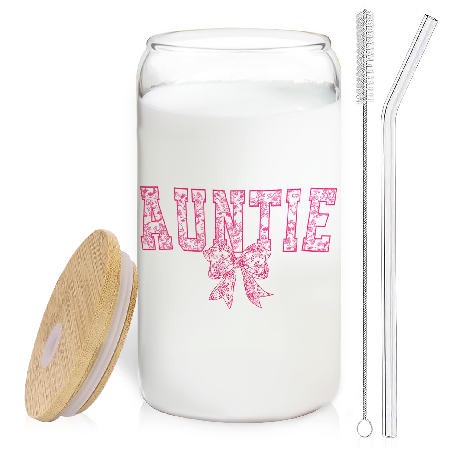 BEHIFL Pink Bow Auntie glass cup with lid and straw ideal for iced coffee