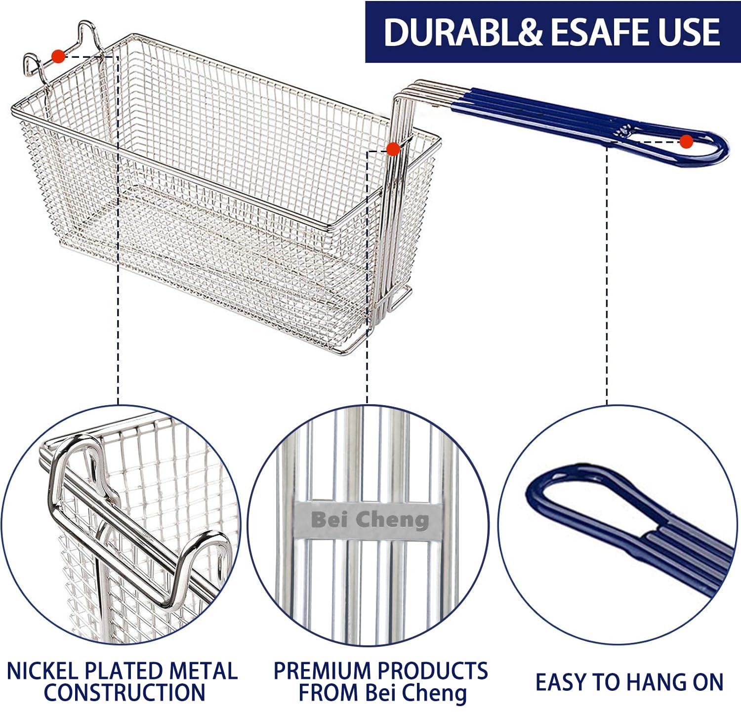 Bei Cheng fryer basket hook on bar for quick hanging between batches.