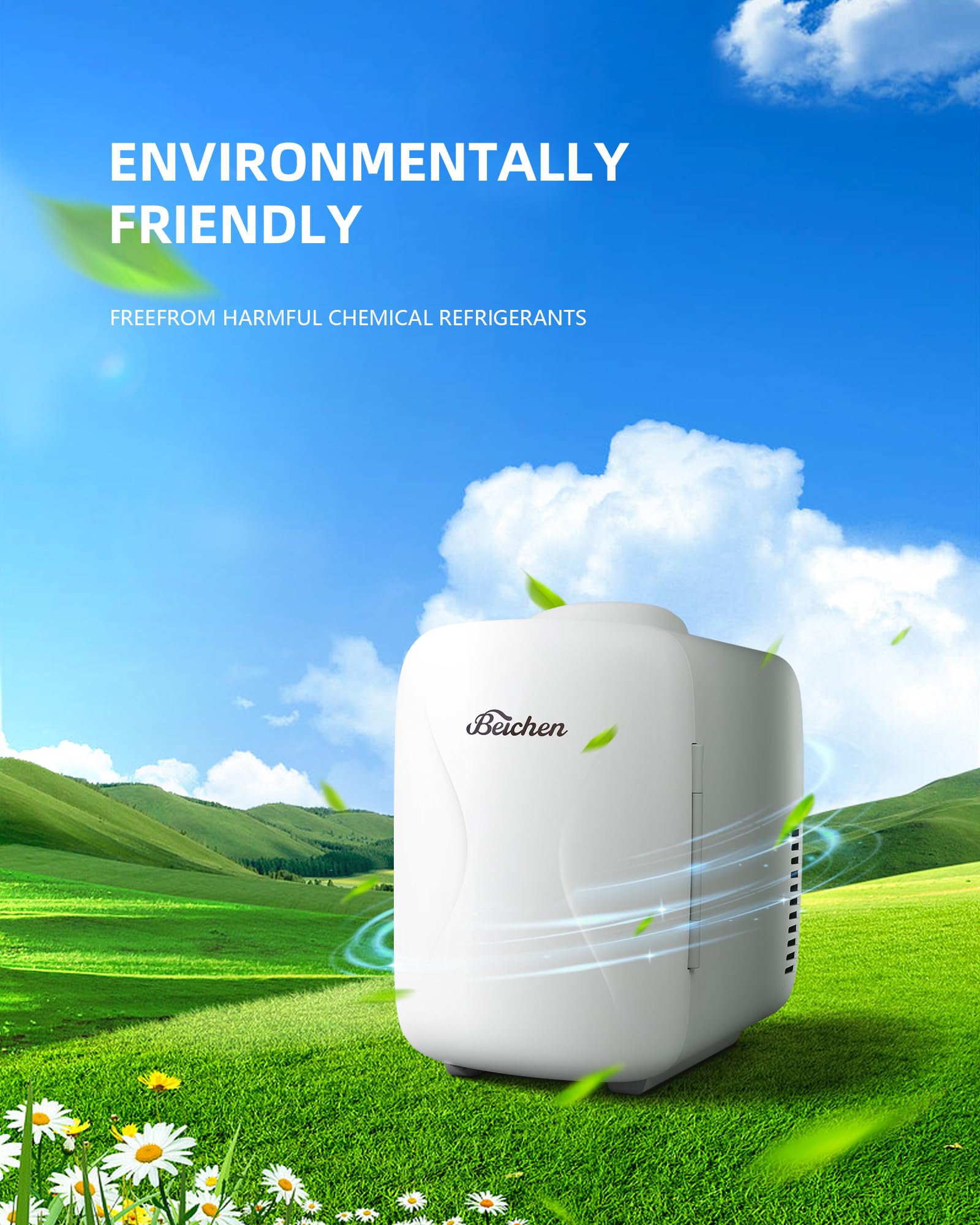 BEICHEN mini fridge built-in carry handle for easy portability.