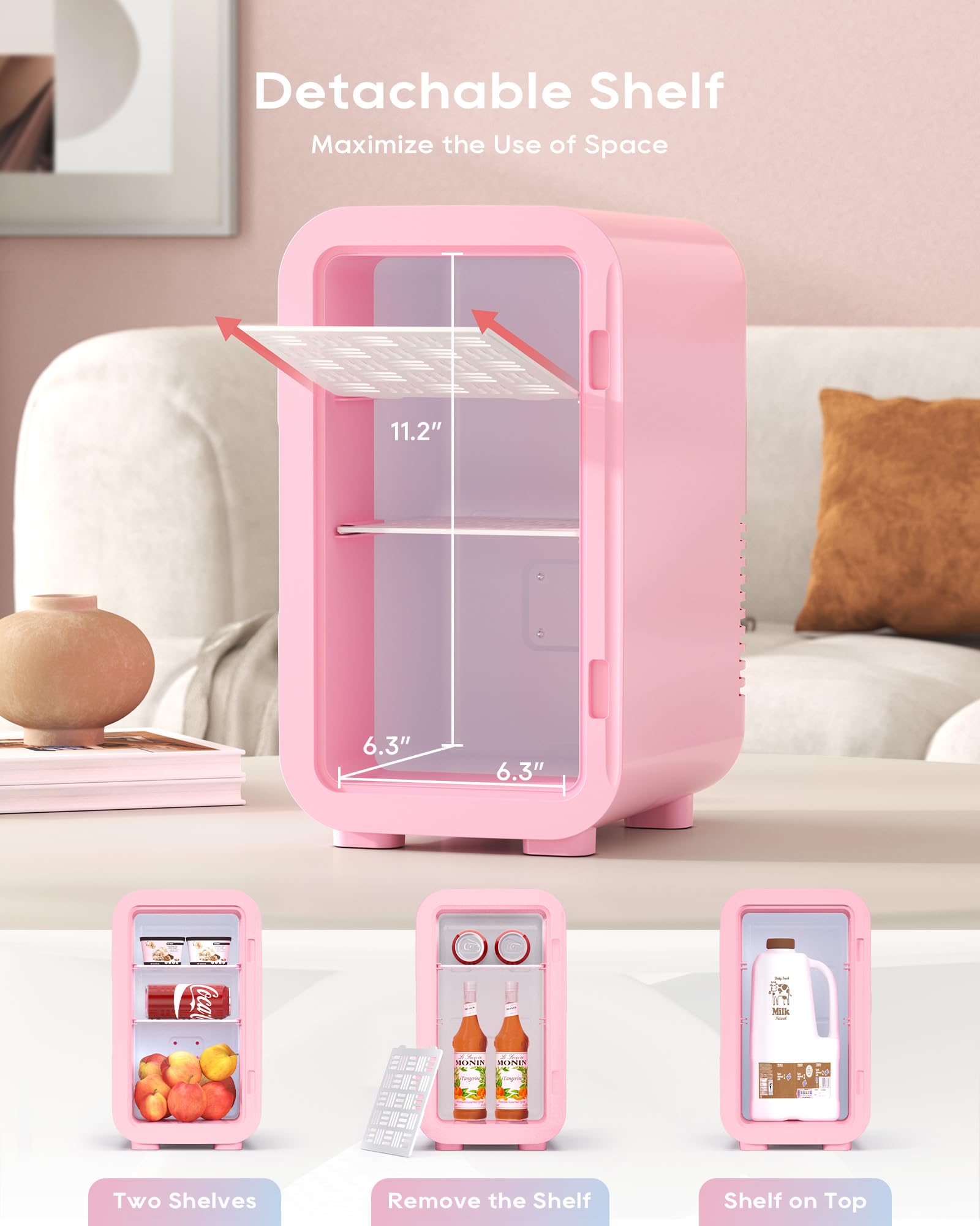 BEICHEN mini-fridge interior shelves arranged for skincare and drinks.