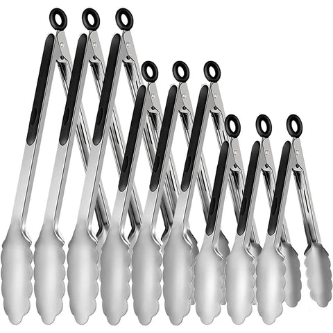 Beieverluck 9-piece stainless steel tongs set for versatile kitchen use