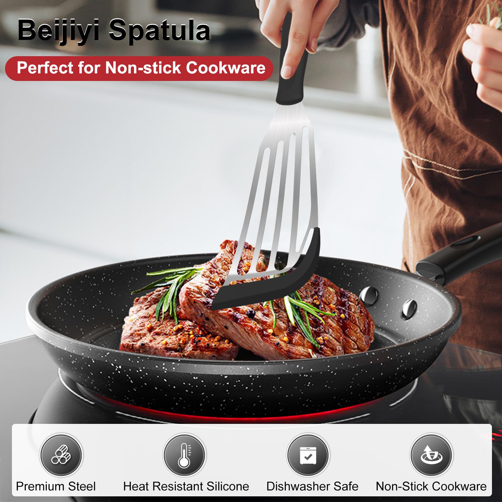 Beijiyi small 10.6-inch fish spatula with silicone edge, ideal for eggs