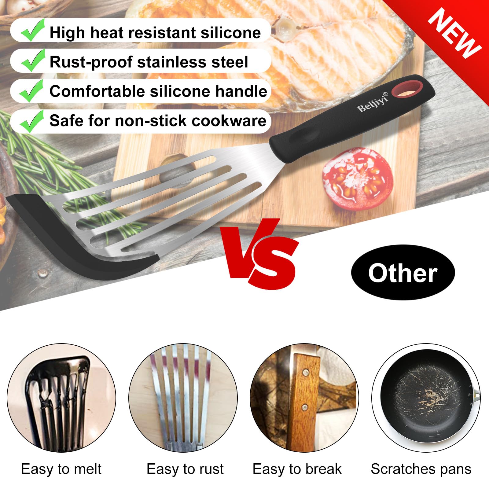 Beijiyi slotted fish spatula with beveled edges drains oil efficiently