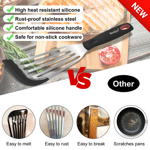 Beijiyi slotted fish spatula with beveled edges drains oil efficiently