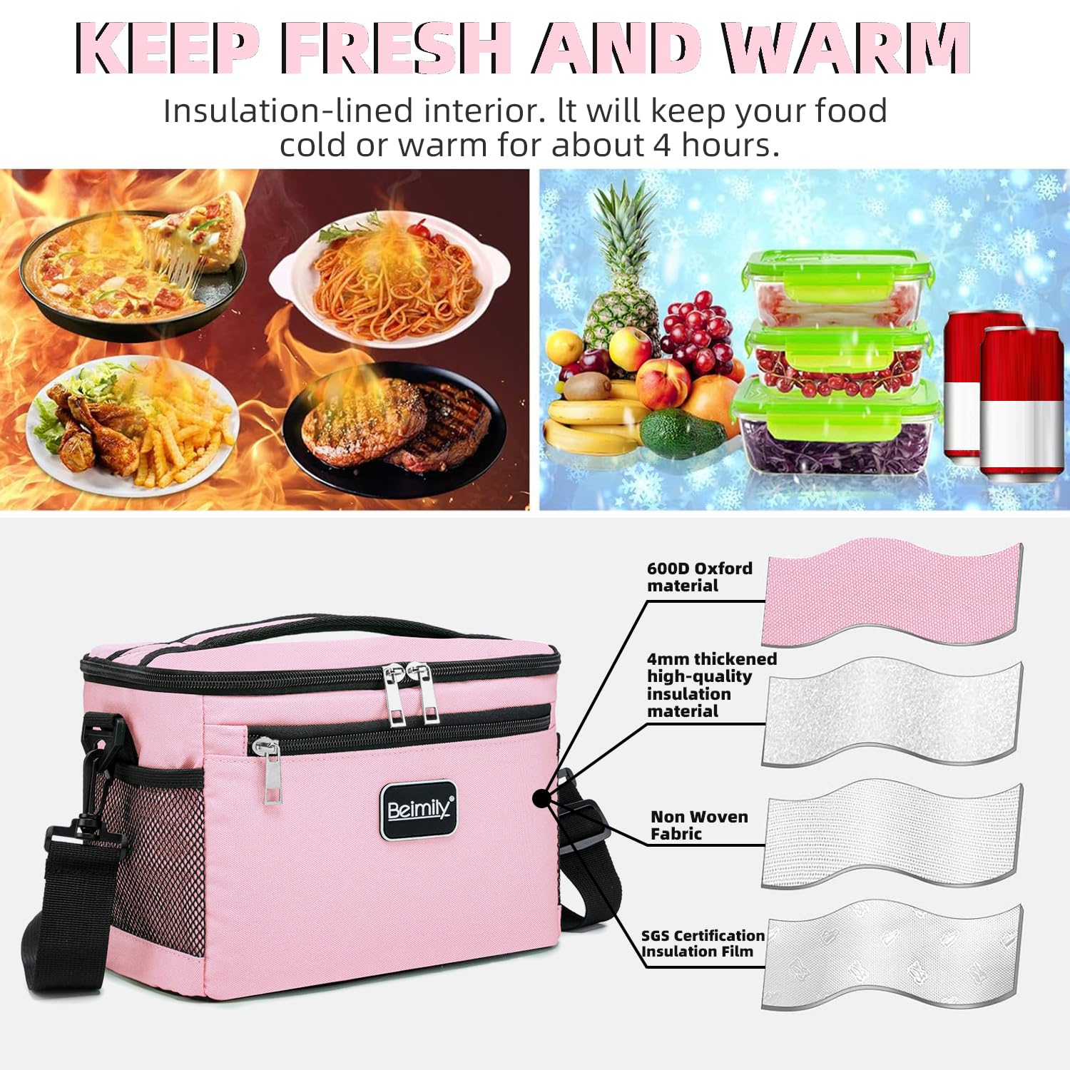 Beimily lunchbag side grid pocket for bottles or drinks
