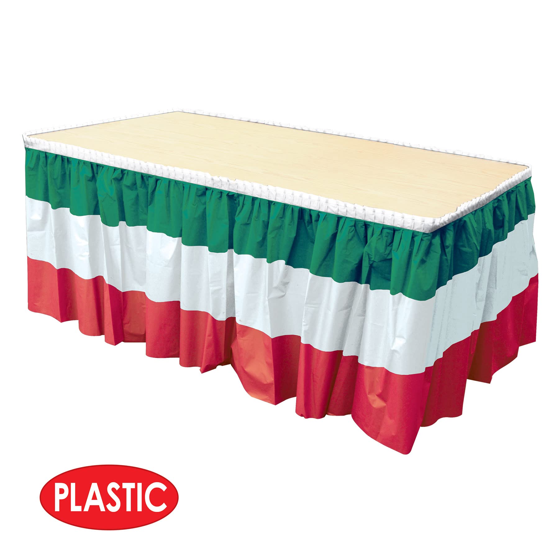 Beistle Red-White-Green Table Skirting close-up showing plastic texture.