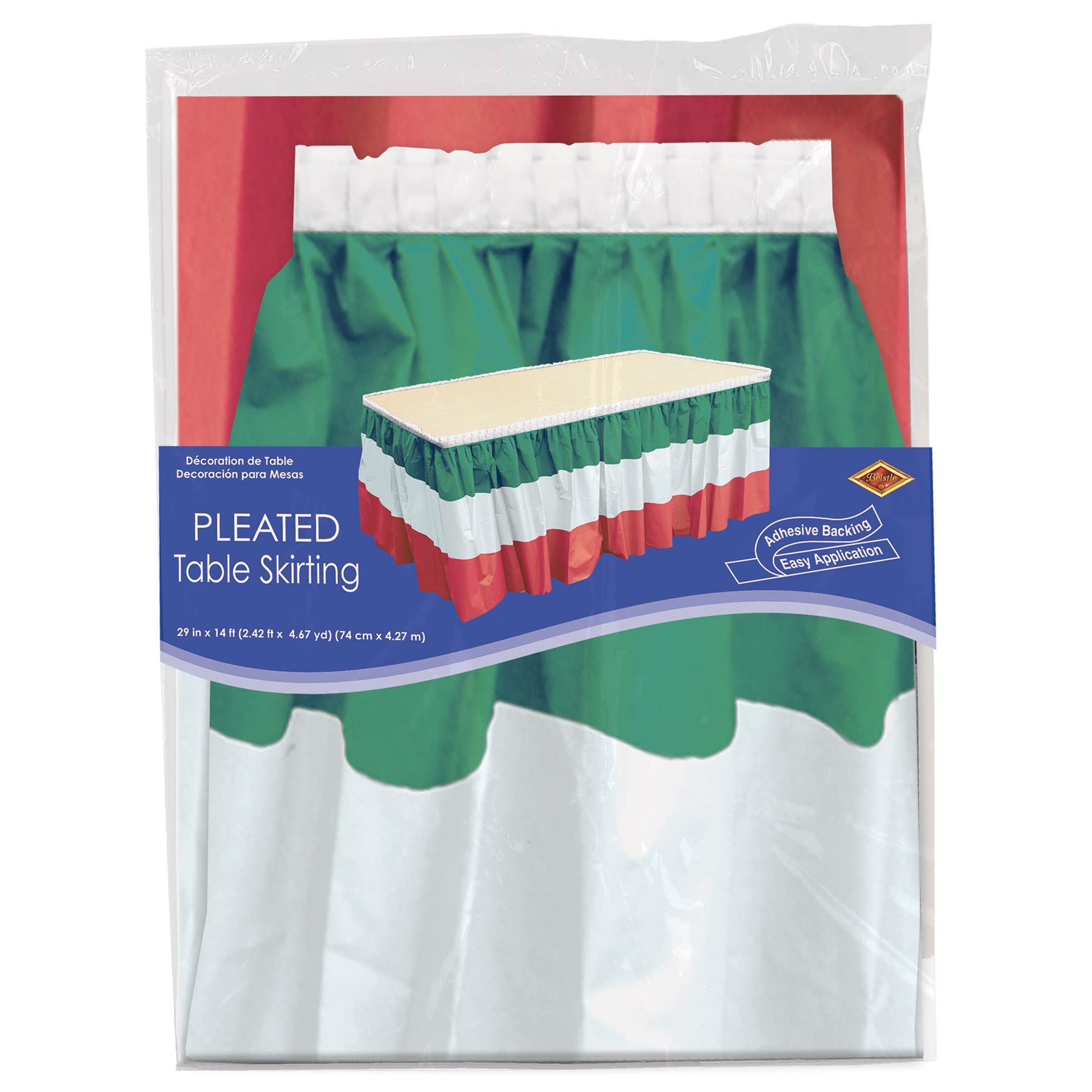 Beistle Red-White-Green Table Skirting creates colorful fiesta table decor.