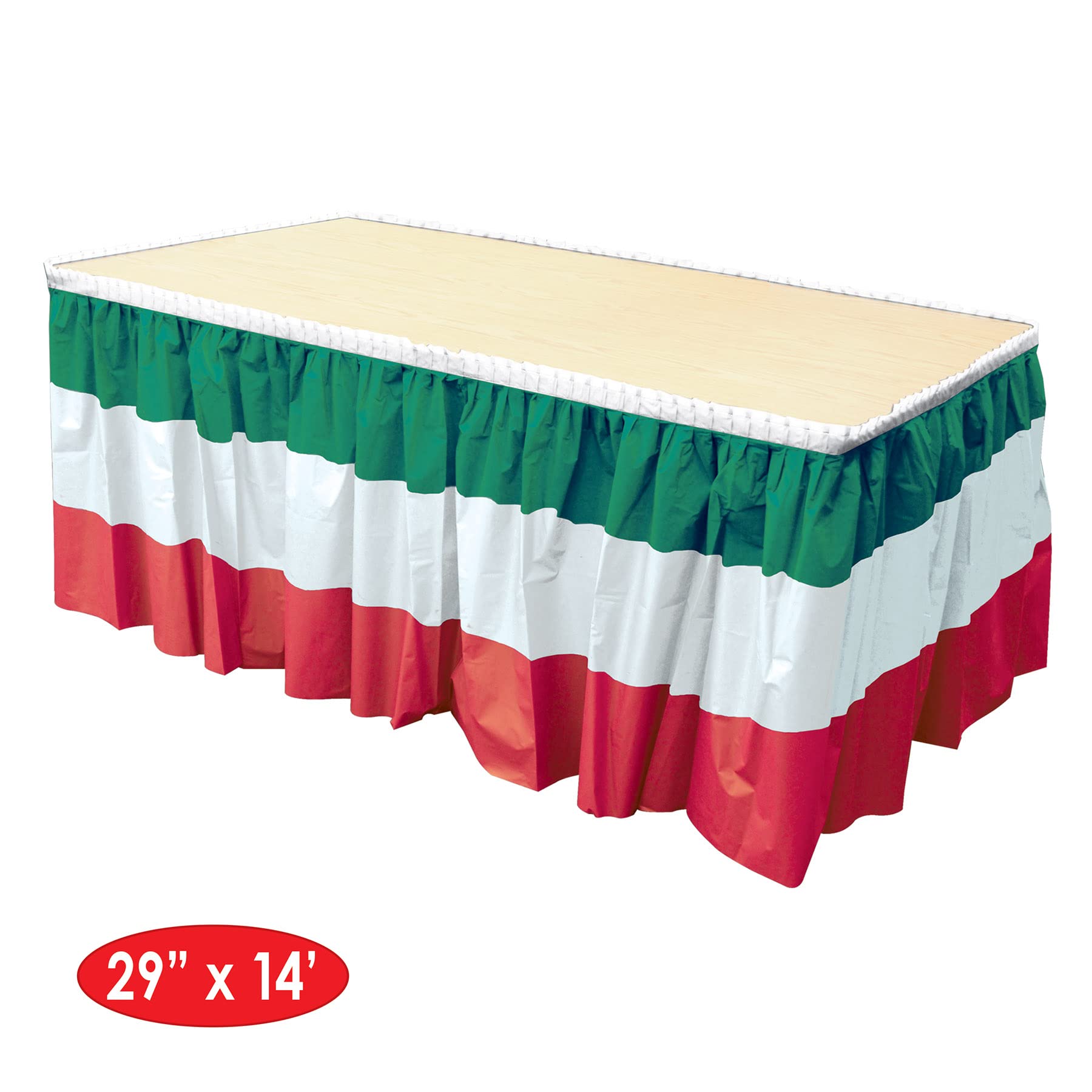 Beistle Red-White-Green Table Skirting laid on a table for fiesta.