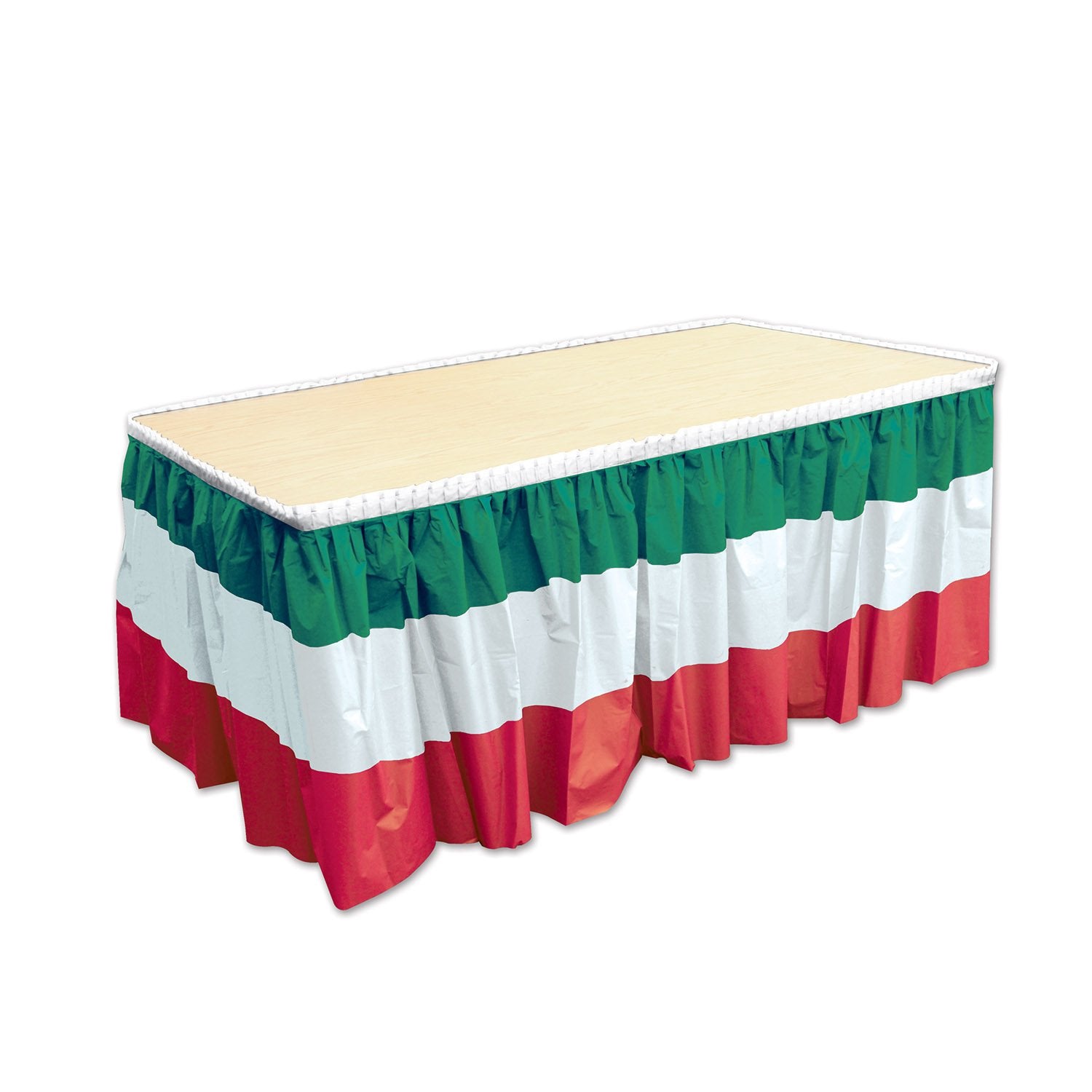 Beistle Red-White-Green Table Skirting packaged shot; festive plastic decor.
