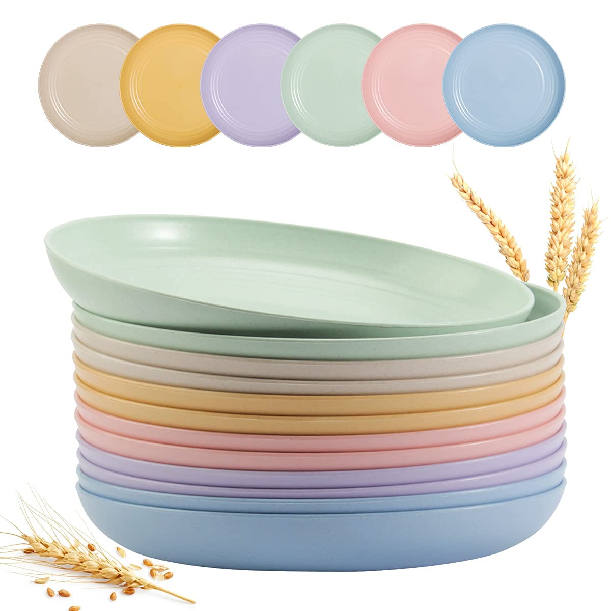 BEIUTAO 12-pack 9-inch wheat straw plates for everyday meals—unbreakable and easy to clean.