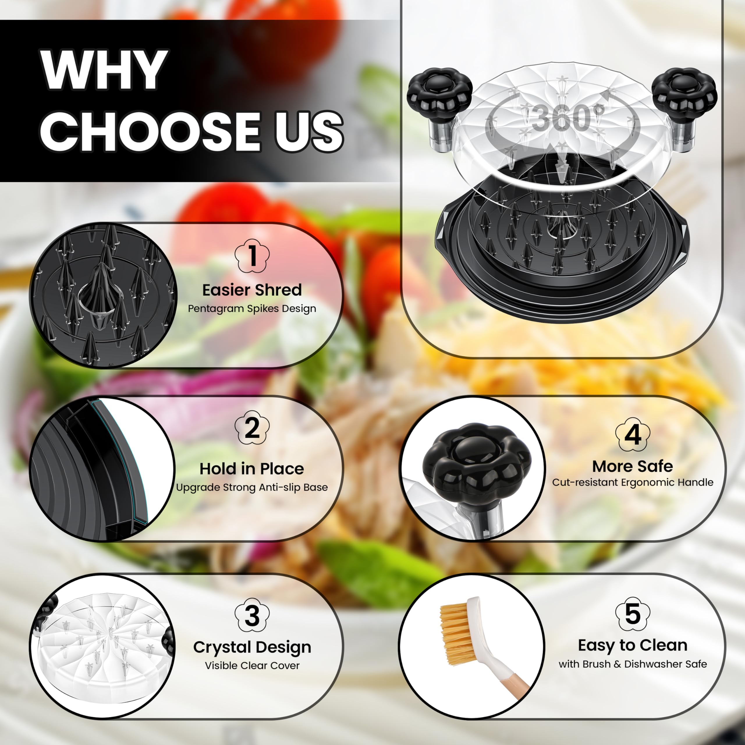 Beiyunee chicken shredder teeth closeup highlights sharp pentagram blades for quick shredding