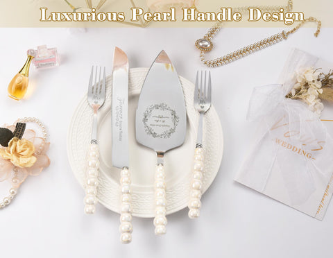 BEKESIN engraved knife and server featuring Forever Starts Today and Happily Ever After motifs