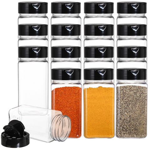 Bekith 16-pack 9 oz spice jars with black caps for organized pantry storage.