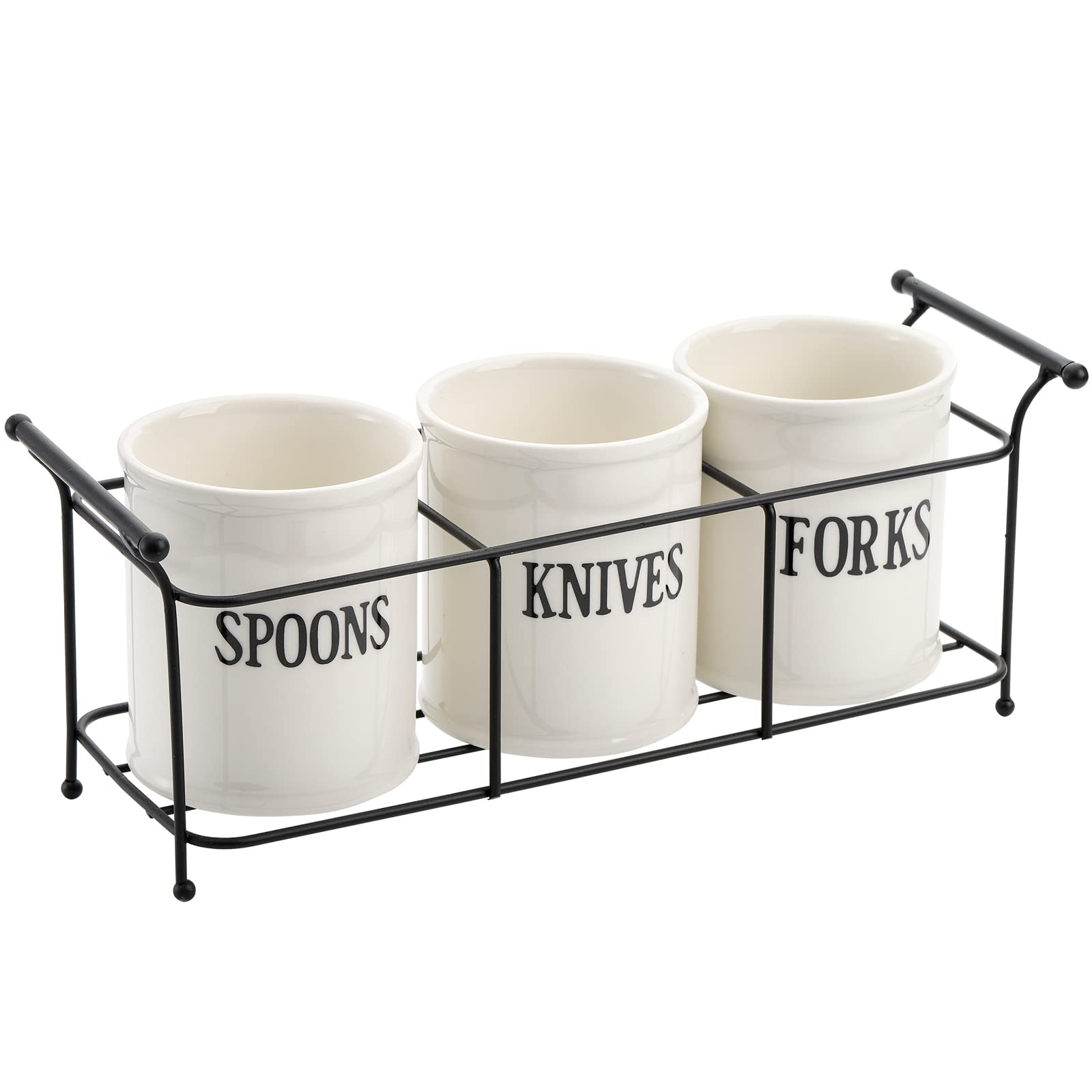 Bekith black metal rack provides sturdy flatware storage and easy transport.