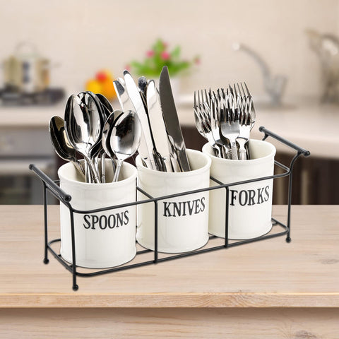 Bekith ceramic caddy is dishwasher safe; metal rack requires hand cleaning.
