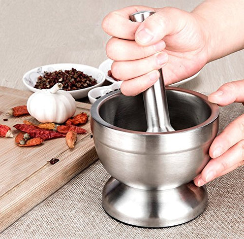 Bekith mortar-pestle durable brushed steel for kitchen and pharmacy tasks