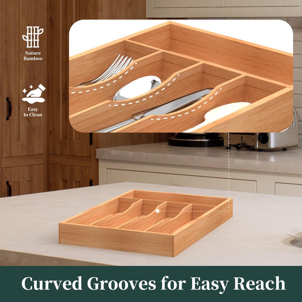 BEKVEM bamboo silverware organizer anti-slip pads prevent movement during drawer opening.