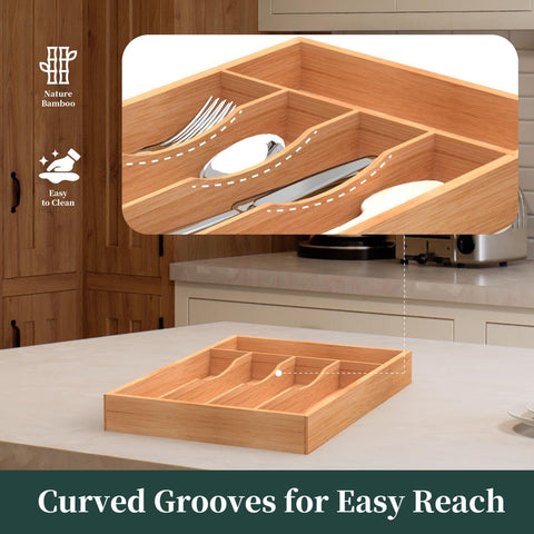BEKVEM bamboo silverware organizer anti-slip pads prevent movement during drawer opening.
