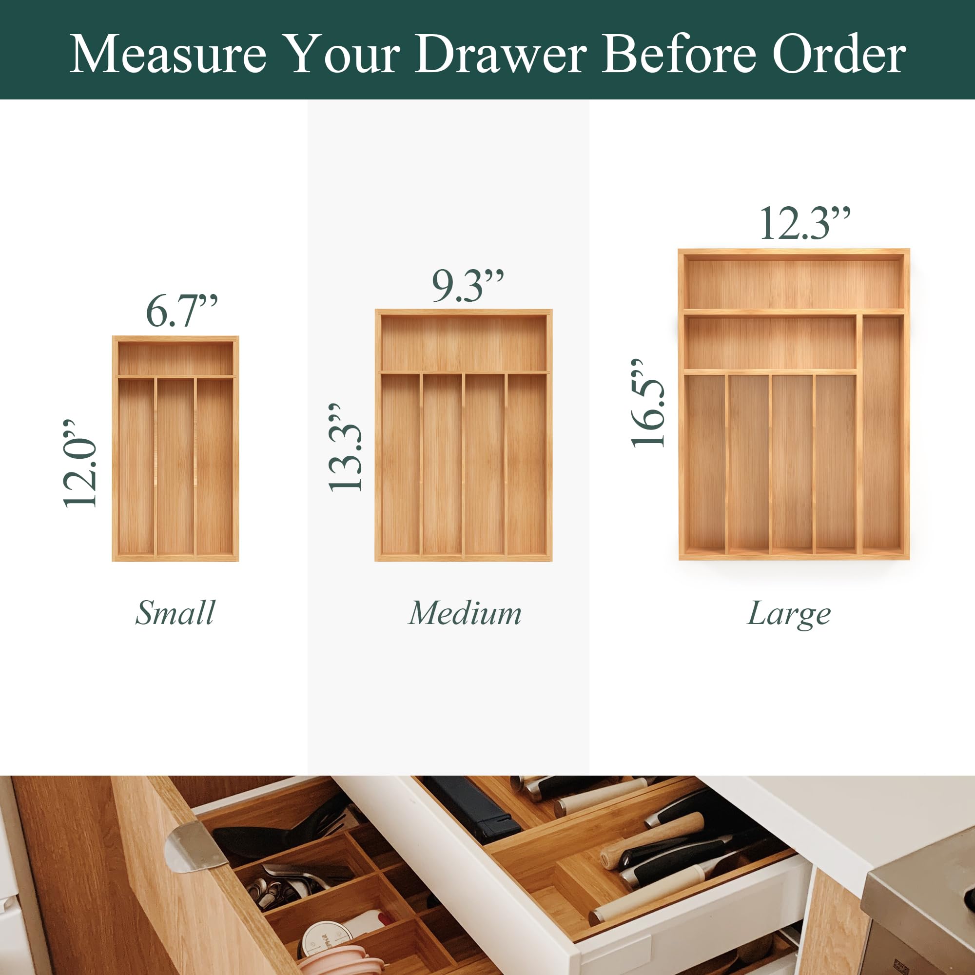 BEKVEM bamboo silverware organizer drawer setup demonstrates efficient space use and quick utensil reach.