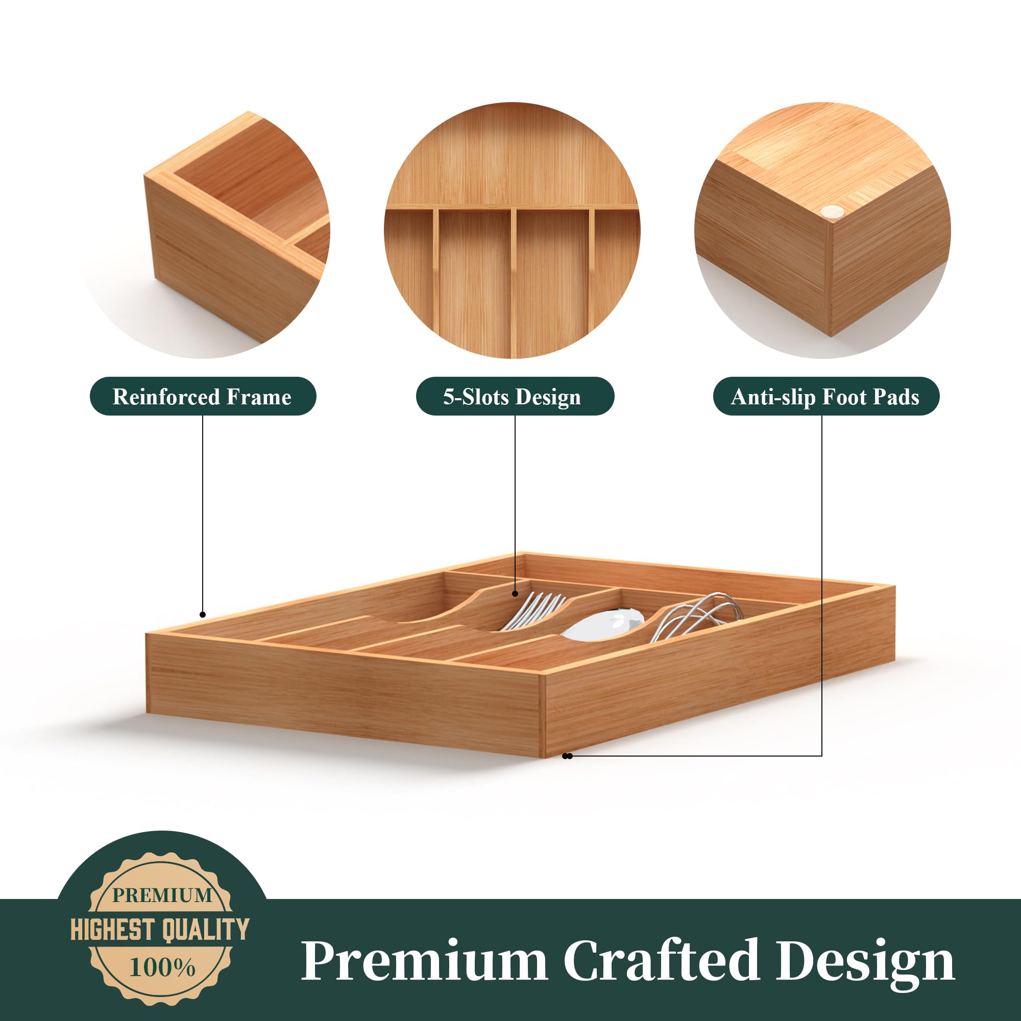 BEKVEM bamboo silverware organizer durable construction supports years of daily use.