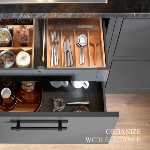 BEKVEM bamboo silverware organizer grooved dividers keep utensils separated for easy picking.