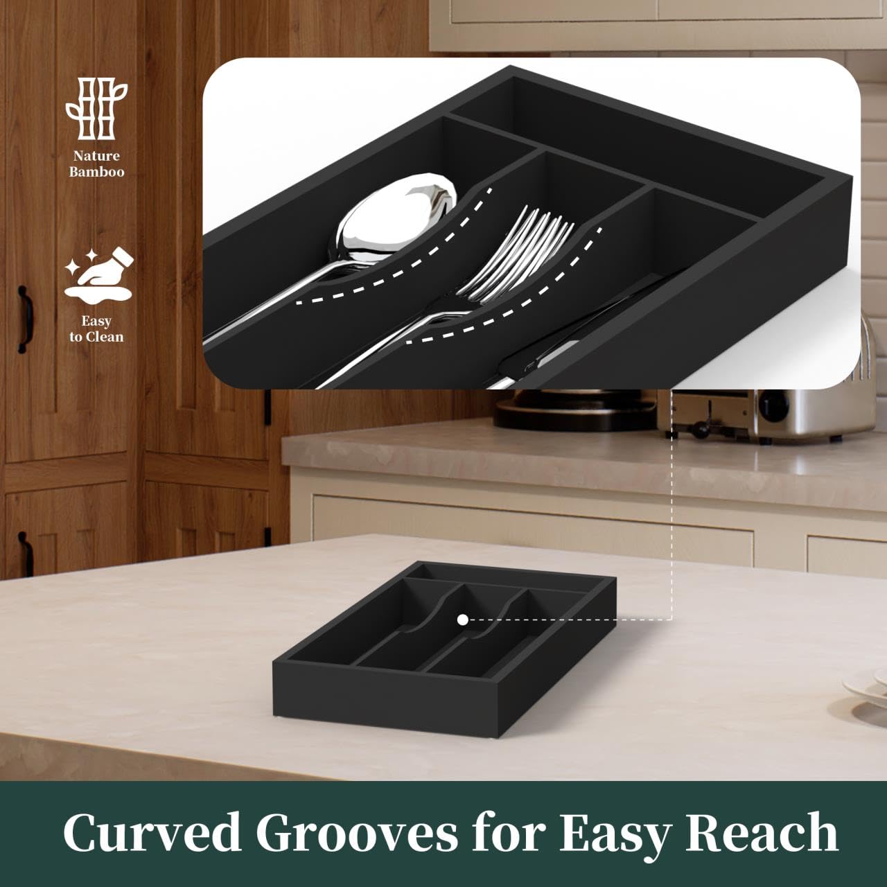 BEKVEM cutlery tray with grooved dividers separates knives, forks, spoons neatly.