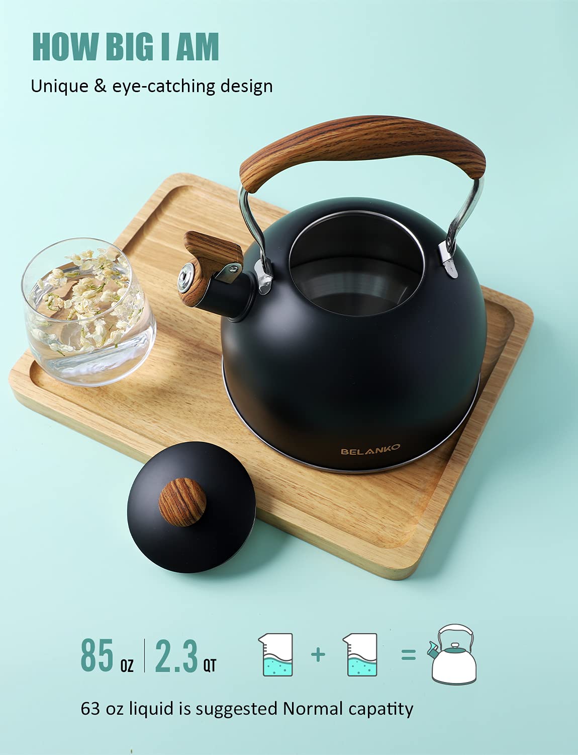 BELANKO 2.5-liter capacity kettle ready to serve 4–5 cups.