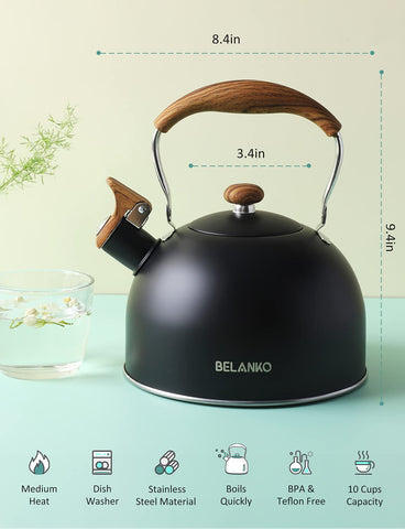 BELANKO induction-compatible stainless steel kettle works on various stoves.