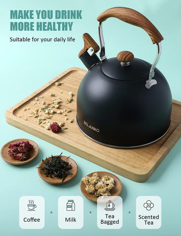 BELANKO tea kettle loud whistle signals boiling water for safer stovetop use.