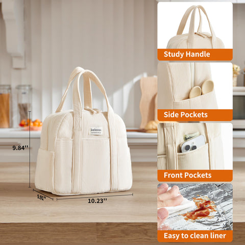 Belaven lunch bag beige durable corduroy exterior resists wear on daily use