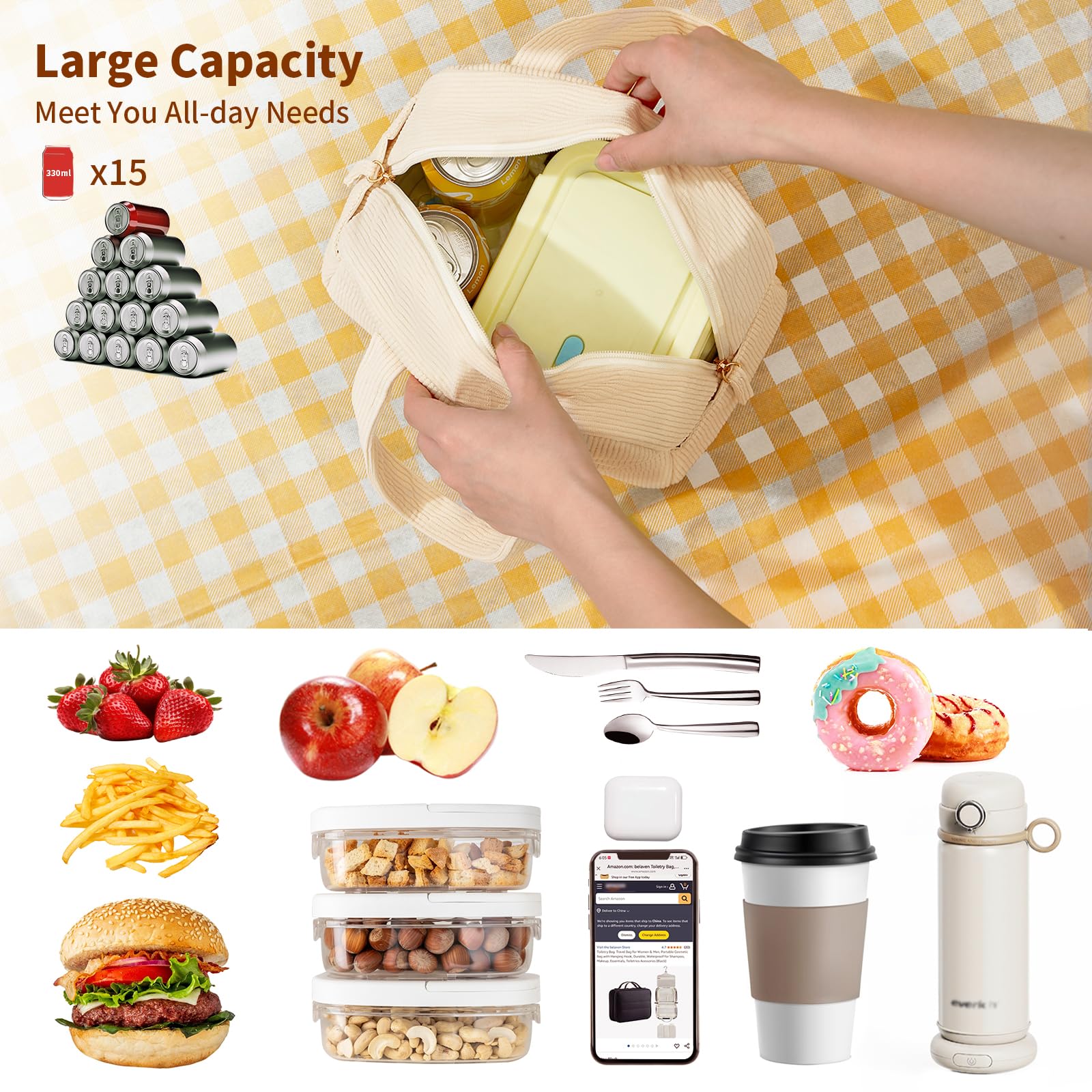 Belaven insulated lunch bag beige open compartment showcases flexible storage without dividers