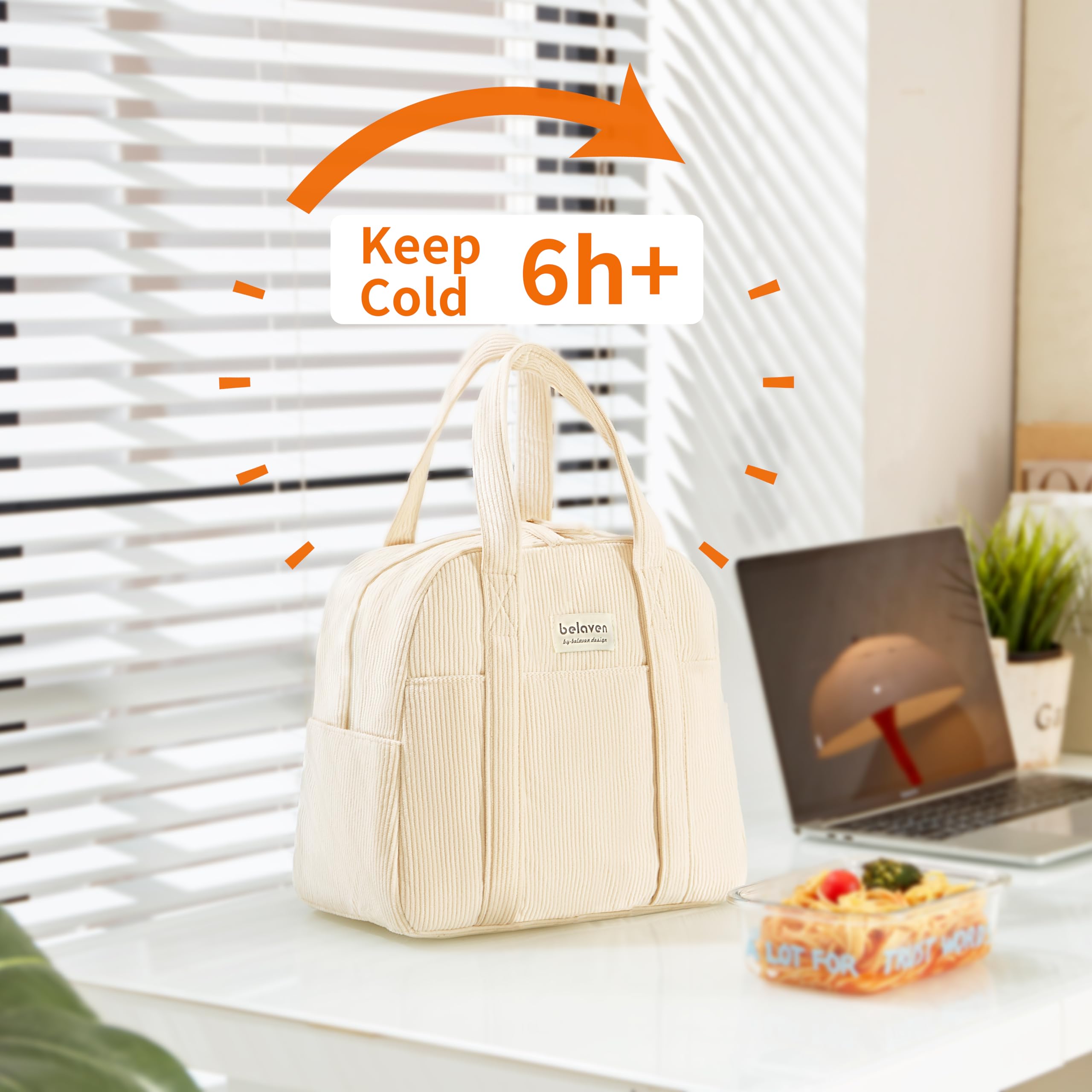 Belaven insulated lunch bag beige top handle for easy carrying during commutes and errands