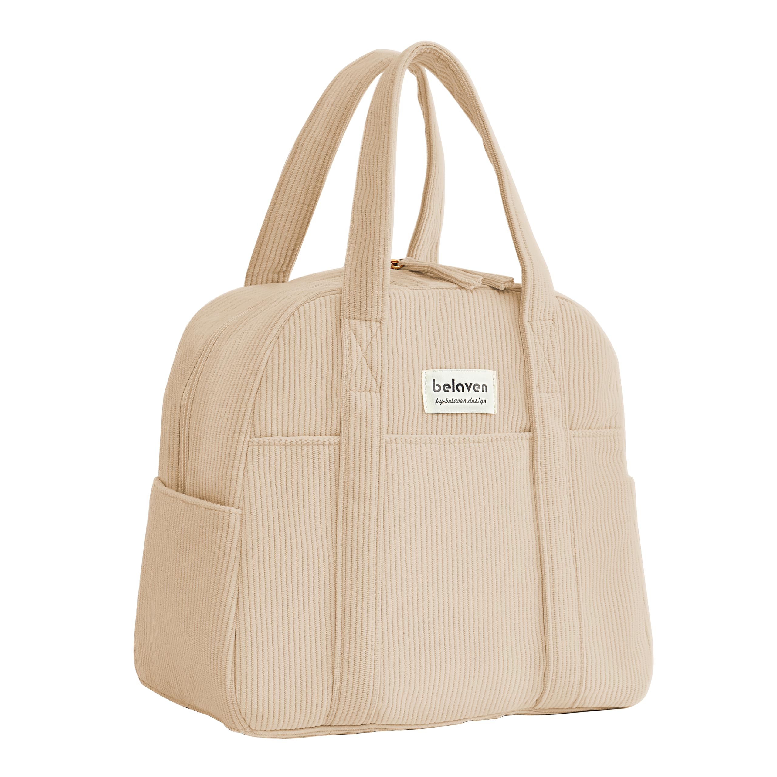 Belaven lunch bag coffee fabric closeup highlighting durable corduroy and insulated interior to keep meals fresh.