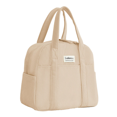 Belaven lunch bag coffee fabric closeup highlighting durable corduroy and insulated interior to keep meals fresh.