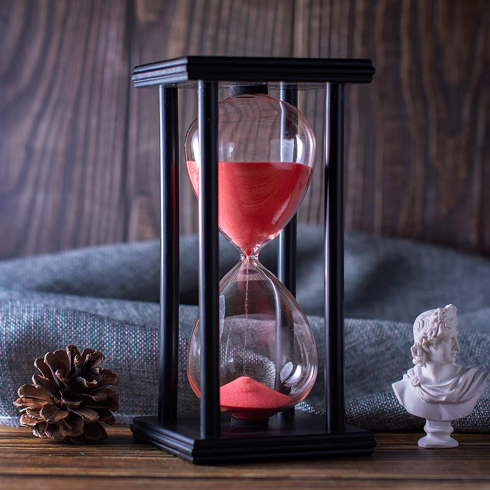 BELLAWARE hourglass with red sand in a wooden frame, ideal for desk decor and focus.