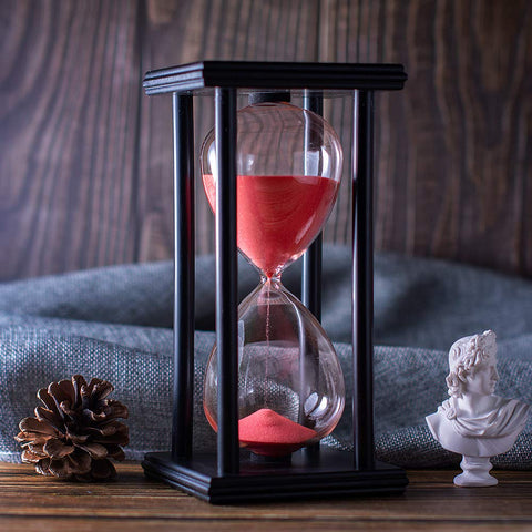 BELLAWARE hourglass with red sand in a wooden frame, ideal for desk decor and focus.