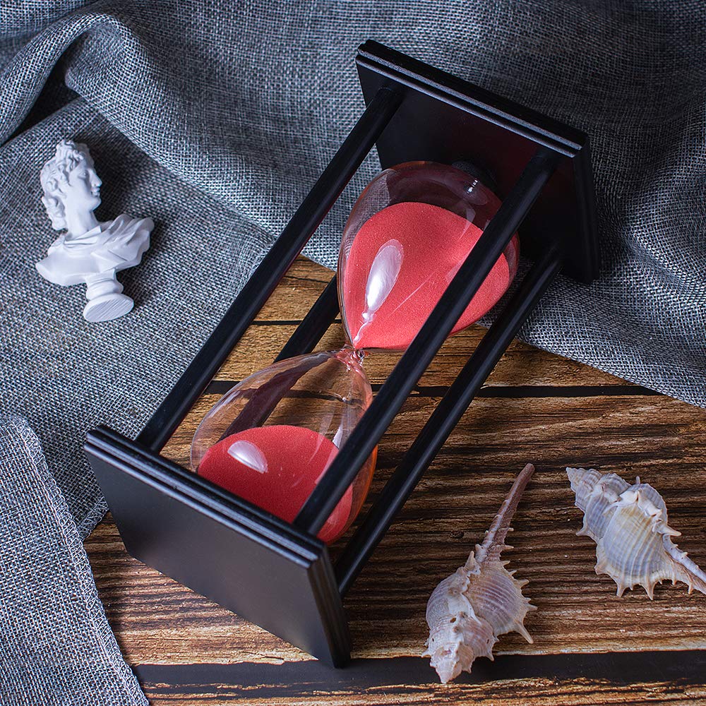 Close-up of BELLAWARE hourglass showing wooden frame and clear glass.