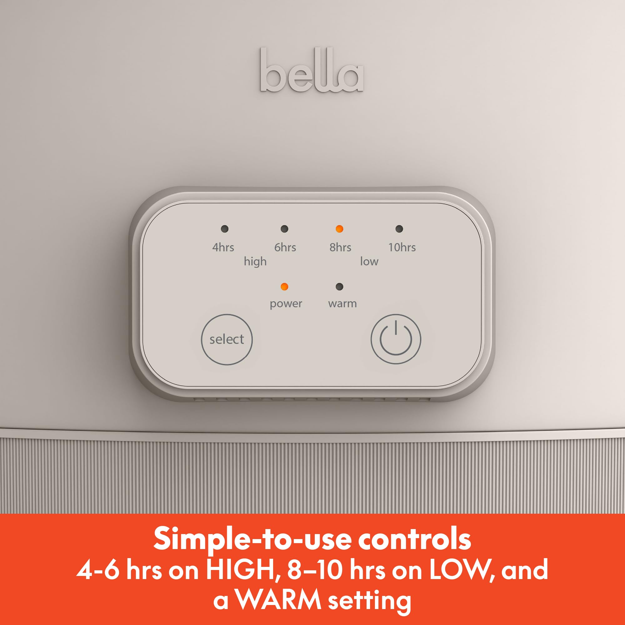 BELLA slow cooker warm setting demonstrates keep-warm feature for ready-to-serve meals.