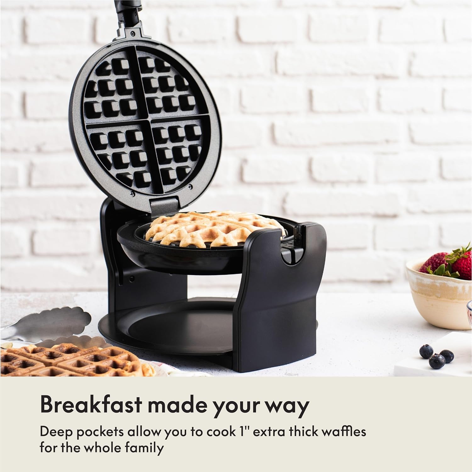 BELLA Classic rotating waffle maker compact design fits countertops and easy storage.
