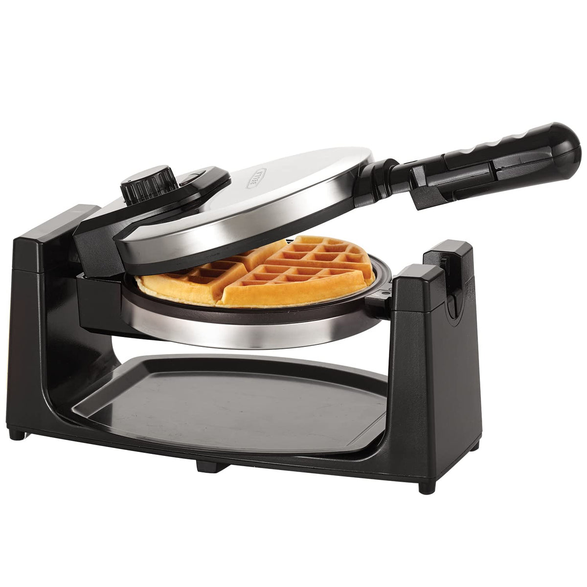 BELLA Classic rotating waffle maker front view in stainless steel for quick breakfasts