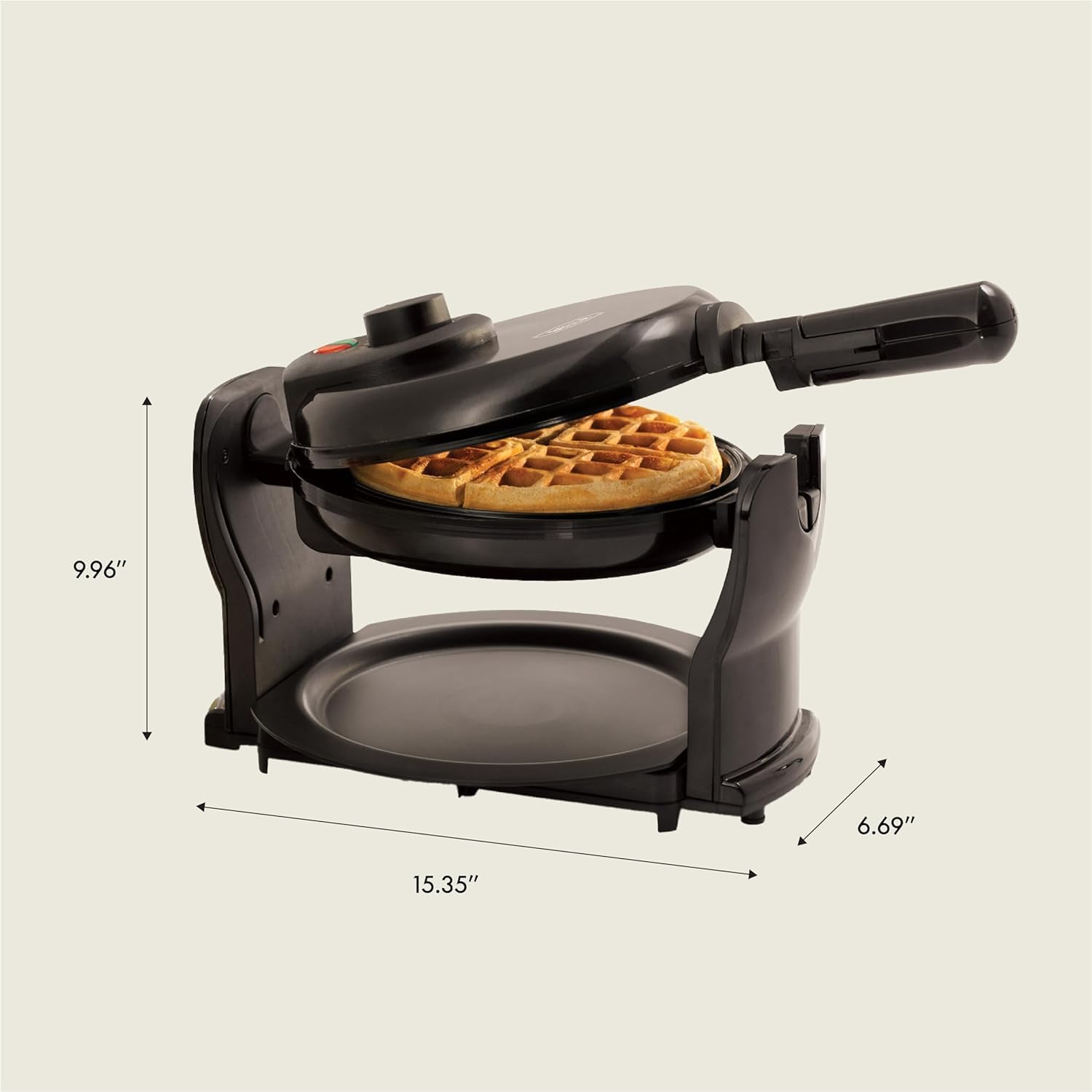 BELLA Classic rotating waffle maker open plates reveal generous surface for fluffy waffles.