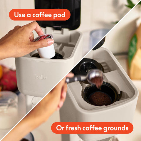 Bella coffee maker supports pods and ground coffee for flexibility.