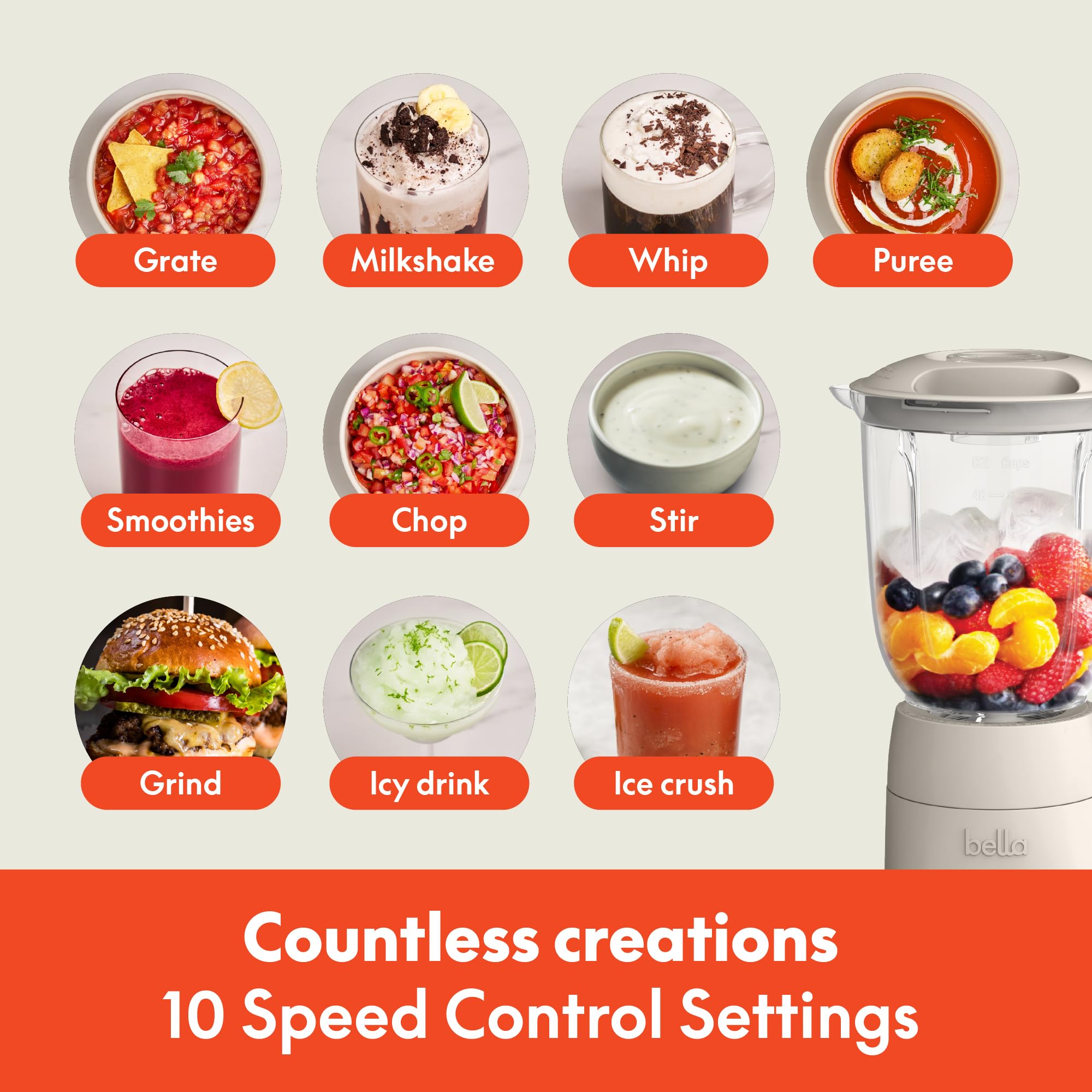 BELLA blender demonstrates ice crushing for smoothies and cocktails.