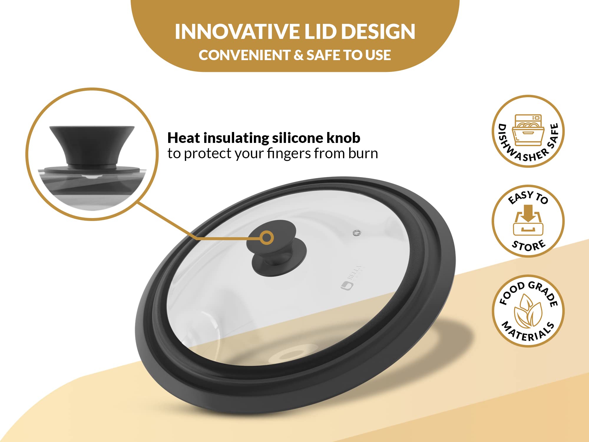 Bella Cooks universal lid on a 10in pot showing dishwasher-safe cleanup.