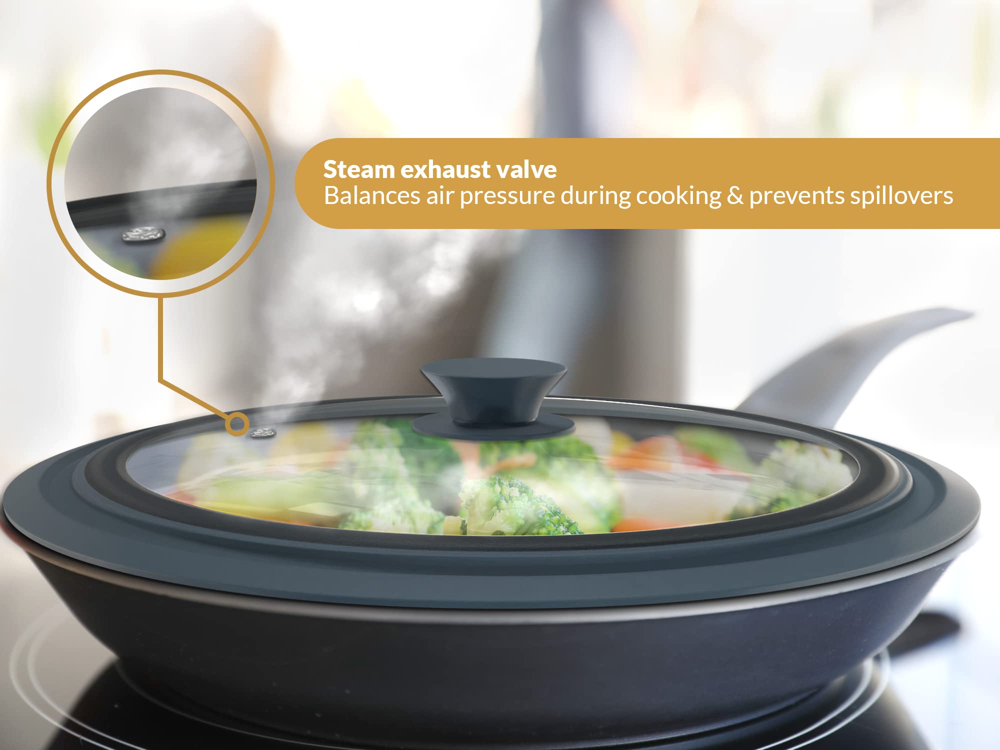 Bella Cooks universal lid on an 11in cookware demonstrating snug fit across sizes.