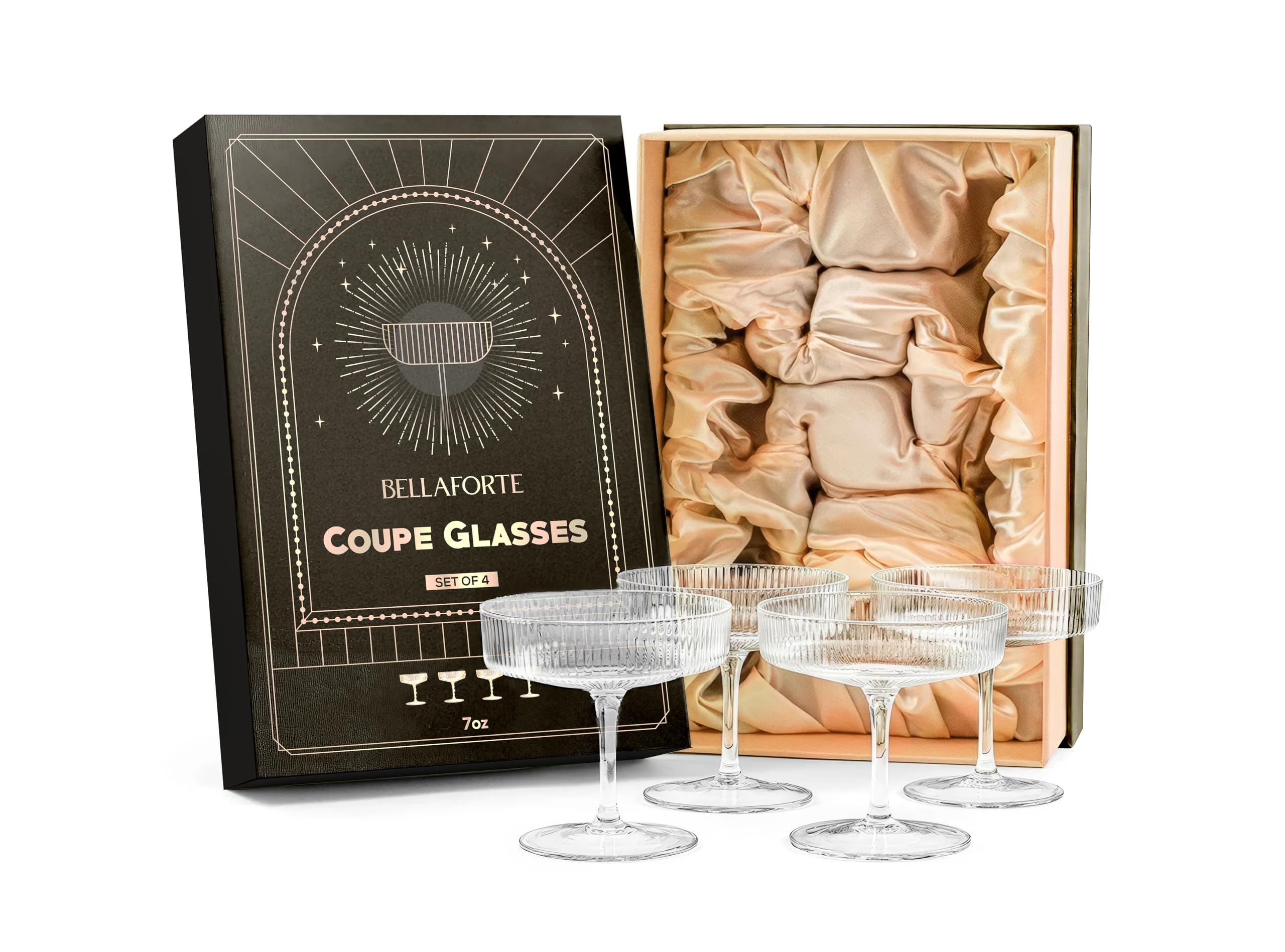 Bellaforte champagne coupe glasses show crystal clarity for elegant toasts.