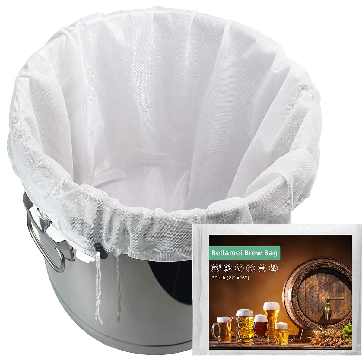 Bellamei Brew Bags front view showing 22x26 mesh for BIAB brewing and large capacity